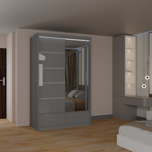 (Grey, 150cm) Charlie High Gloss Sliding Wardrobe 1
