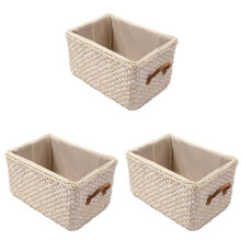 3X Manual Woven Storage Basket Handmade Laundry Wicker Baskets Sundries Organizer Clothes Toys Container -White