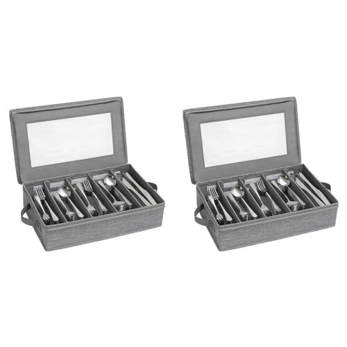 2X Silverware Box,Flatware Organizer with Zipper Lid, 5 Compartment Cutlery Case with Adjustable Divider and Handle 1