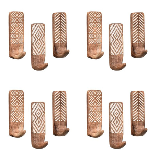 12 Pack Non-Destructive Wood Wall Hooks - Adhesive Wall Hooks - Boho Decorative Wall Hooks