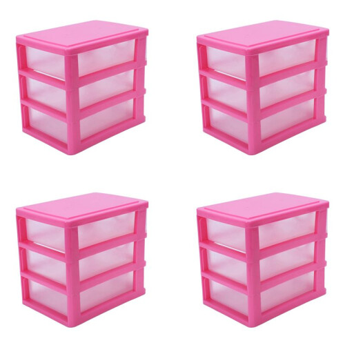 4X  Translucent Drawer Type Plastic Storage Box(Rose Red 3 Layers)