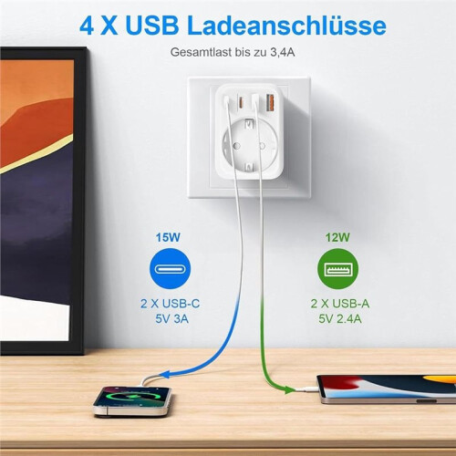 Double Plug for Socket, Power Strip with USB 2-Way Socket Adapter (4000 W 16 A) with 2 USB A and 2 USB C EU Plug 1