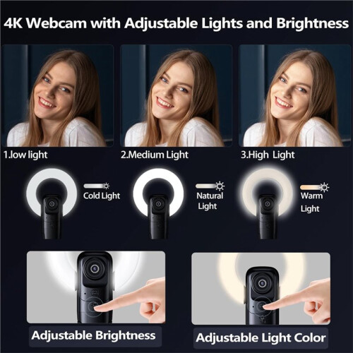 4K Webcam with Light, Webcam for PC with Microphone, USB Computer Camera with Stand Base for Desktop Live Show