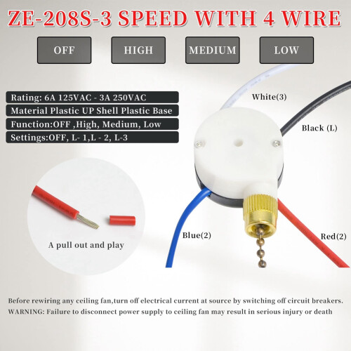Ceiling Fan Pull ,ZE-208S E89885 3 Speed 4 Wire Fan  Pull Chain Cord  Fan Lights  Replacement 2