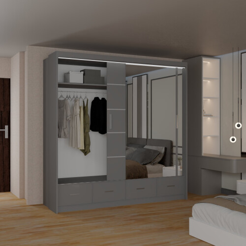 (Grey, 208cm) Charlie High Gloss Sliding Wardrobe 2