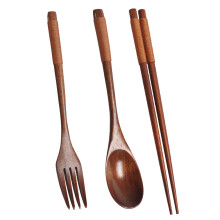 Holz Besteck Set, Holz Tragbares Set LöFfel Gabel EssstäBchen Geschirr Geschirr mit Khaki Garn Faden