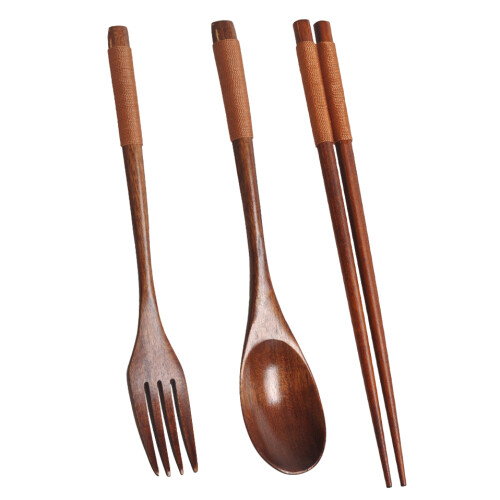 Wooden Flatware Set, Wooden Portable Set Spoon Fork Chopsticks Tableware Dinnerware with Khaki Twining Thread 1