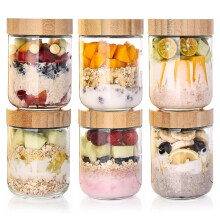 6-Pack Overnight Oats-Behållare med Lufttäta för Bambulock, 16oz Salladsburkar med Bred Öppning, Glasbehållare för Matförvaring