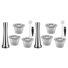 Capsules Reusable, Stainless Steel, 6 Pieces Refillable Pads for + 2 Tamper + 2 Spoon + 2 Brush