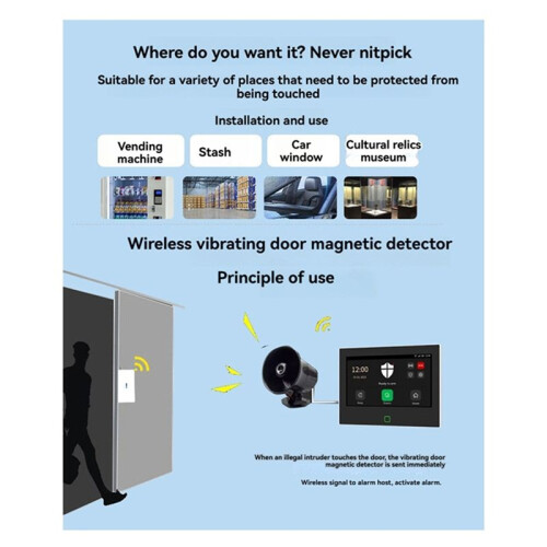 2pcs 433MHz Wireless Vibration Glass Break Detector, Adjustable Sensitivity, Compatible with Alarm Systems Black 2