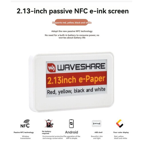 Waveshare 2.13 Inch NFC-Powered E-Paper Wireless EPaper Eink Display Screen Module for Mobile Android APP 4-Color Displaying 2