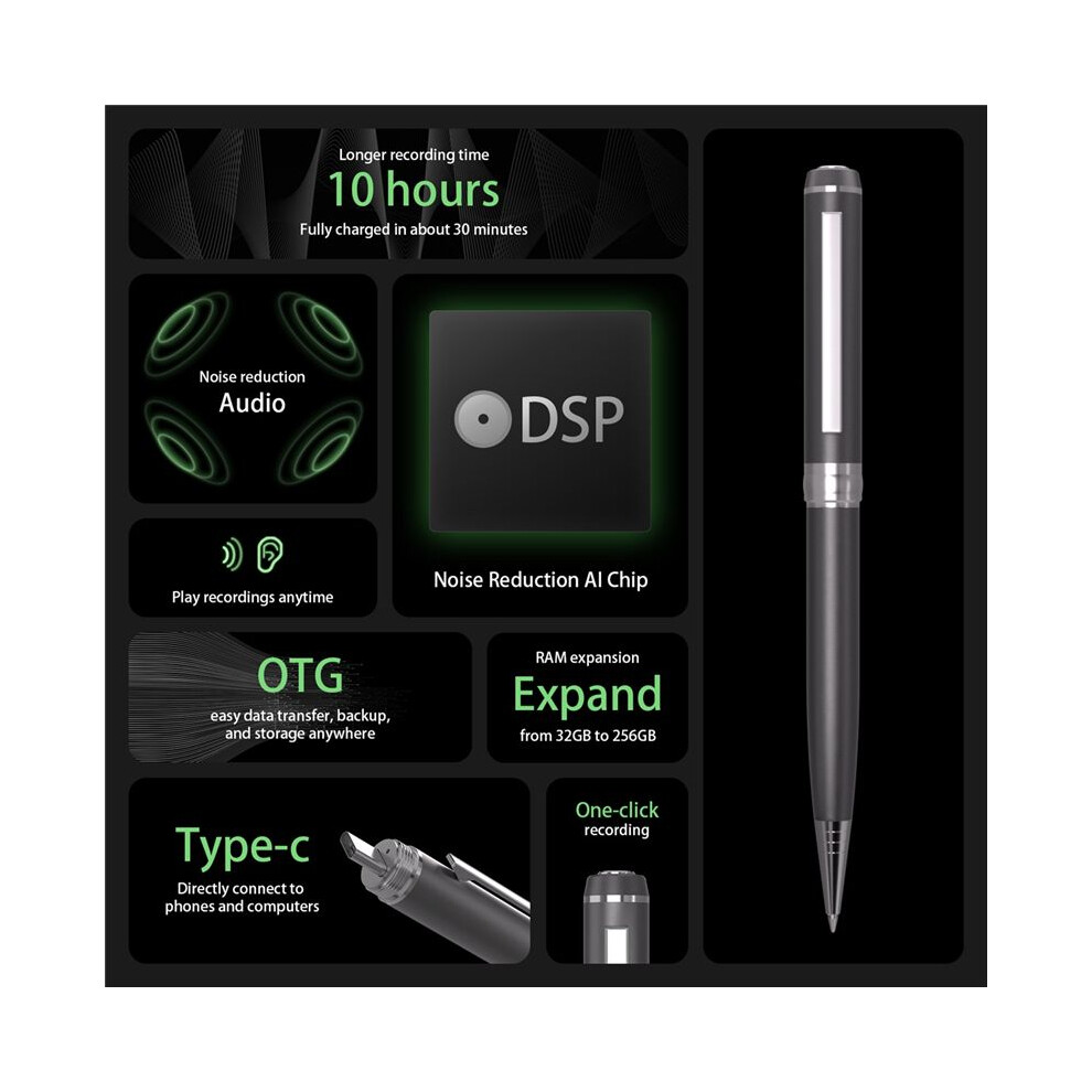 Professional Voice Recording Pen 32G Noise Reduction Voice Recorder Dictaphone Voice Activation Recorder Pen-A 4712281640399
