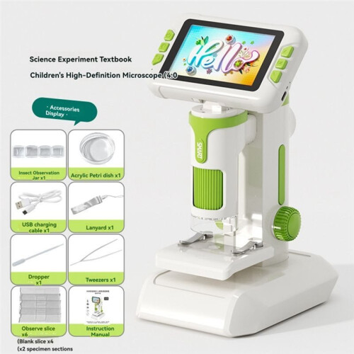 Microscópio Infantil 1600X com Tela LCD de 4 Polegadas, Portátil e de Mesa, Iluminação LED para Educação. Microscópio Digital Infantil B 1