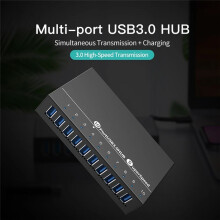 Metal 10 Port USB3.0 High Speed Data Sync Hub Fast Charger Splitter with 12V5A Power Adapter for Phone Tablet EU Plug