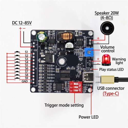 HF20W Wide Voltage 85V Voice MP3 Player Module, 20W One-to-One Trigger Custom Audio Player Module 1