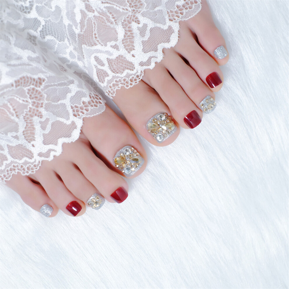 Dachuang Beauty (Glue Models) Red Silver Glitter Press-On Toenails For Stage Wear