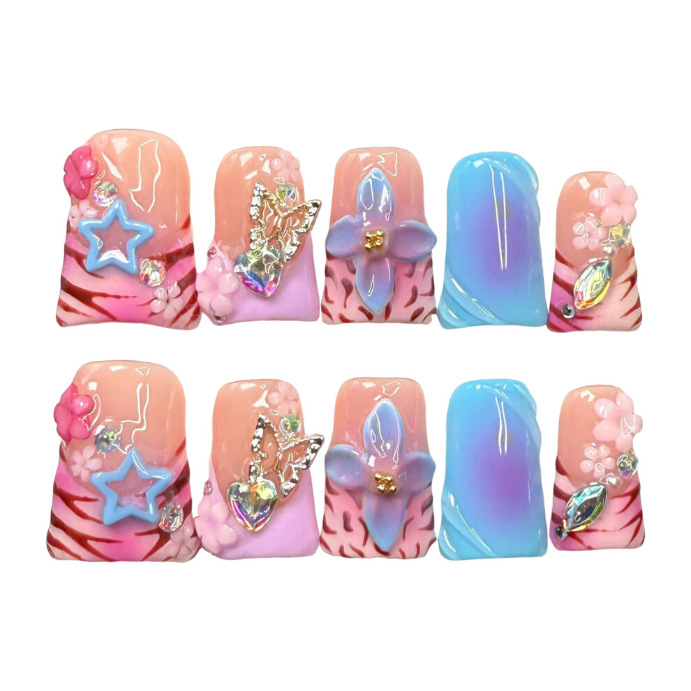 Zhouq-Outdoors (S) Rhinestone False Nails - 10Pcs Colorful Designs