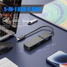 Hub USB 3.0 de 5 Portas com Compatibilidade para  4K - Duas Portas USB-A/C, Transferência de Dados de 5 Gbps para Pen Drives e Discos Rígidos