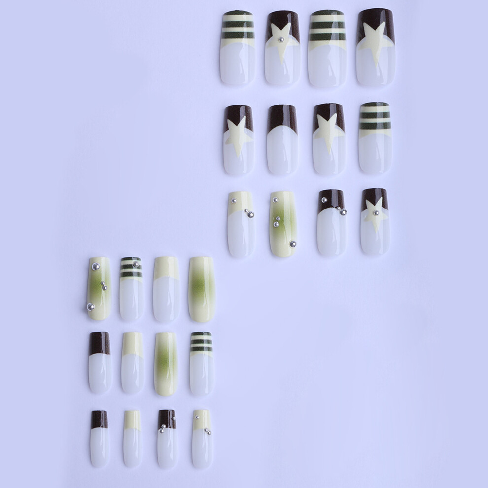 Dachuang Beauty White 24Pcs Striped Fake Nails With Beads