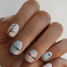 (Jelly Glue Model) Blue White Press-on Nails with Bird & Tree Design