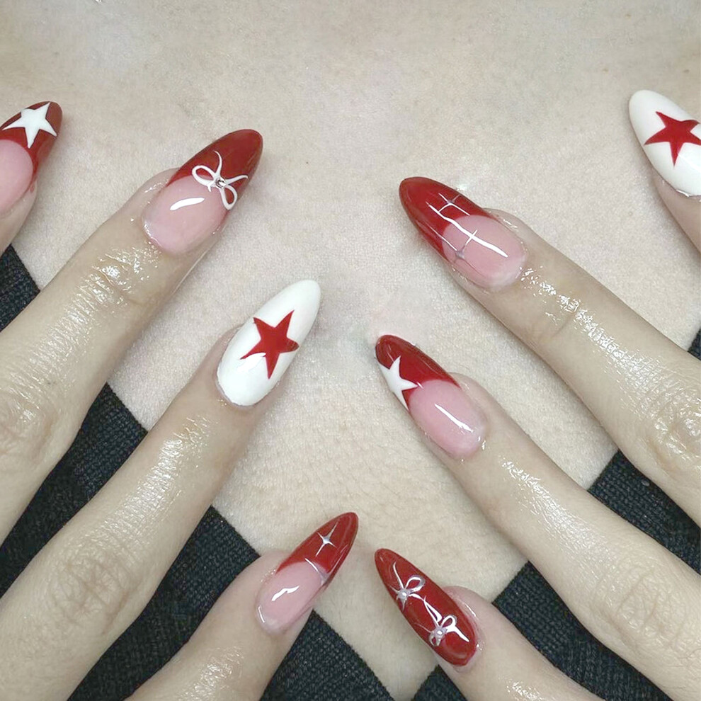 Dachuang Beauty White,Red Star-Printed Almond Fake Nails - Red & White