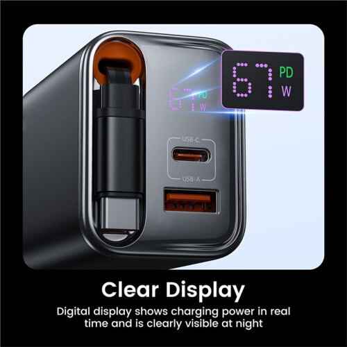 Chargeur USB Type-C GaN 67 W avec Câble Type-C Rétractable, Charge Rapide PD3.0 SFC2.0