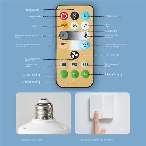 Socket Fan Light with Remote, Ceiling Fan with 3-Speeds, Dimmable LED, E27 Base, Cordless Light Socket Fan 1