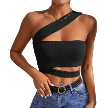 Top scurt din material respirabil pentru femei, vestă fără mâneci, croială slim fit, sexy, asimetrică, maiou crop, încrucișat, cu halter,
