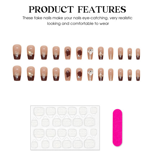French Nude Fake Nails with Wine Red Tip 2