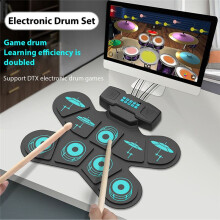 Batería Electrónica con 9 Almohadillas, Batería Recargable con Altavoz Doble, Batería de Práctica con Baquetas y Pedal