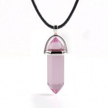 (Pink)Hexagonal Column Pendant Necklace Natural Quartz Crystal Point Chakra Healing