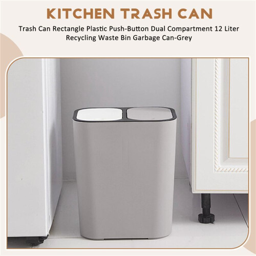 Trash Can Rectangle Plastic Push-Button Dual Compartment 12 Liter Recycling Waste Bin Garbage Can-Grey 1