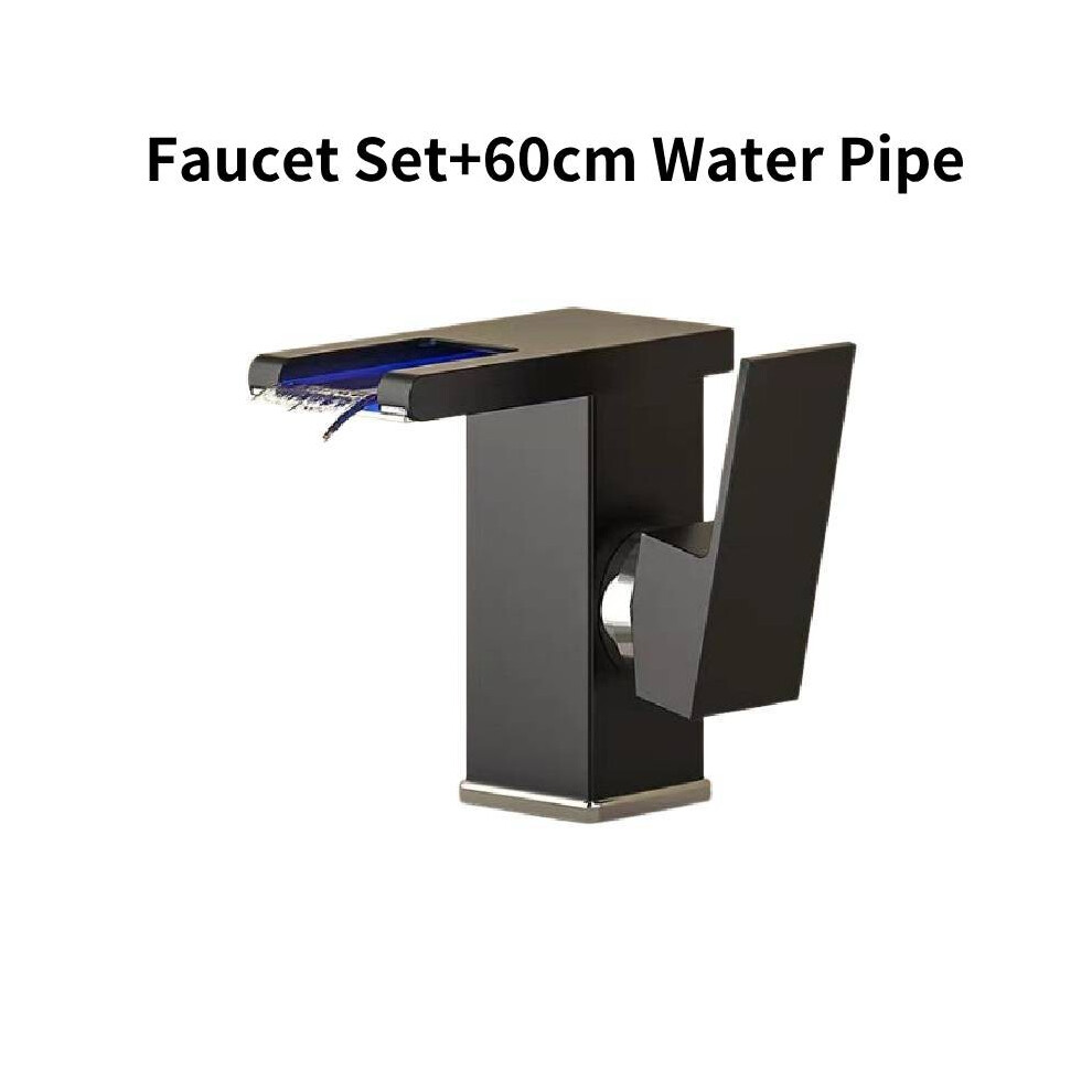 (Black) Led Rgb Bathroom Sink Mixer Tap Temperature Sense Waterfall Color Faucet Change 695422031130