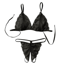 (Black) Sexy Lace Bra & G-String Set for Women