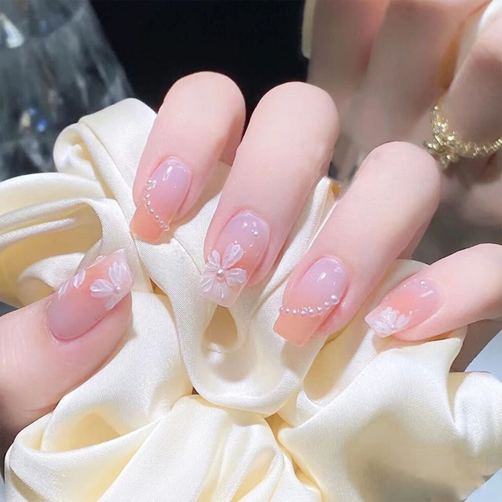 Zhouq-Outdoors White French Tip Press-On Nails With Floral Design