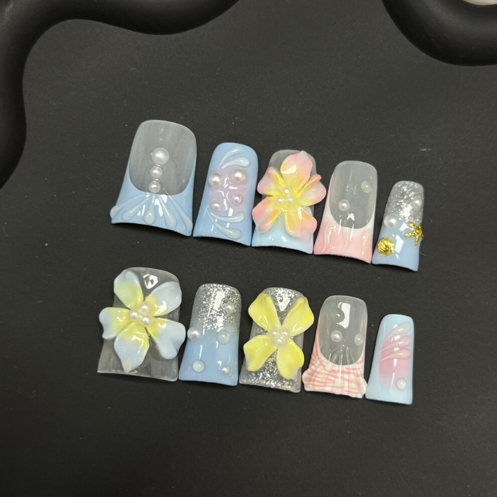 Hue-Grain (Xs) 10Pcs French Blue Press-On Nails Salon Supply
