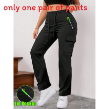 (Black, L) Cargo Womens Relaxed Pants With Pockets Elastic Waist For Circumference Daily