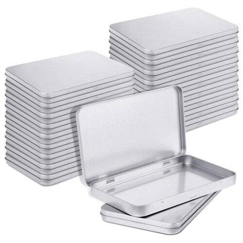 Rectangular Metal Tin Box with Lid Metal Hinged Lid Tin Metal Empty Tin Box Container Silver Storage Tin Box,20PCS