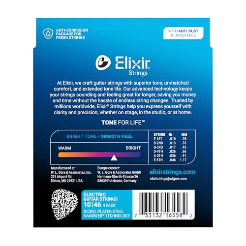 Elixir Strings Electric Guitar Strings with NANOWEB Technology, Light (.010-.046) - Amazon Exclusive 4 Pack 1