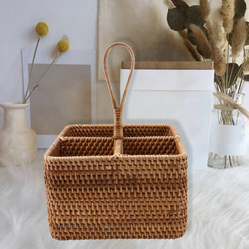 2X Hand-Woven Wicker Straw Storage Basket Portable Four Compartment Classification Storage Fruit Basket Home Storage C 1