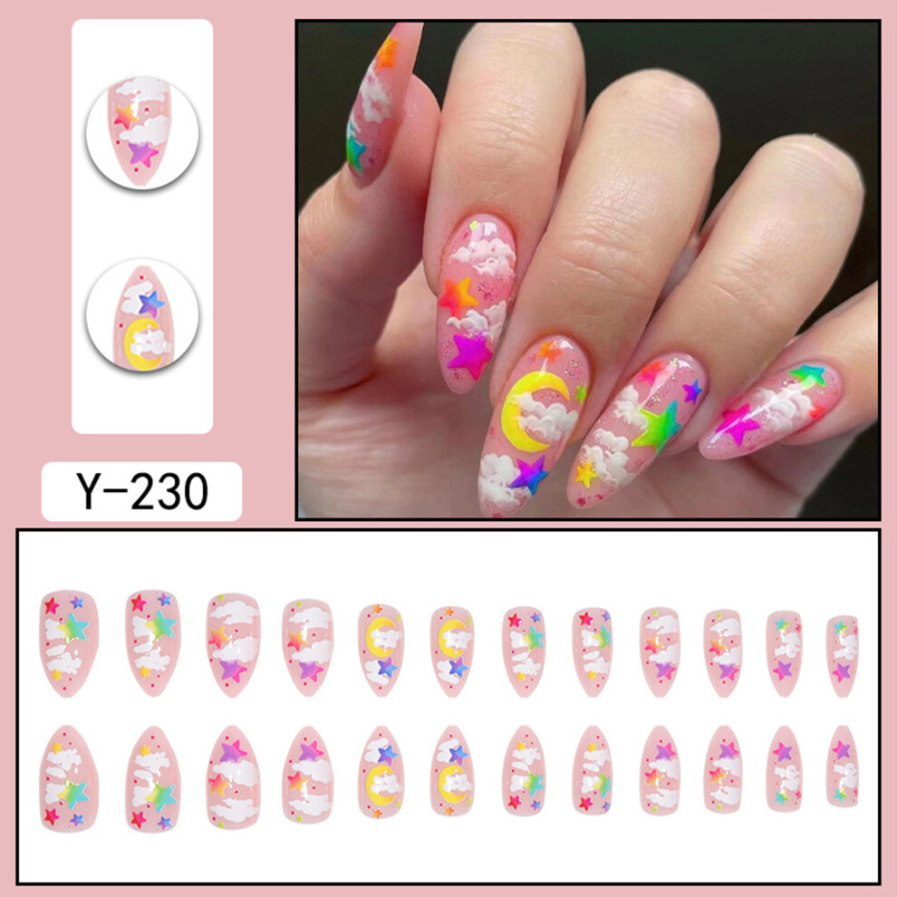 Hue-Grain Pink Almond Press-On Nails With Moon & Stars
