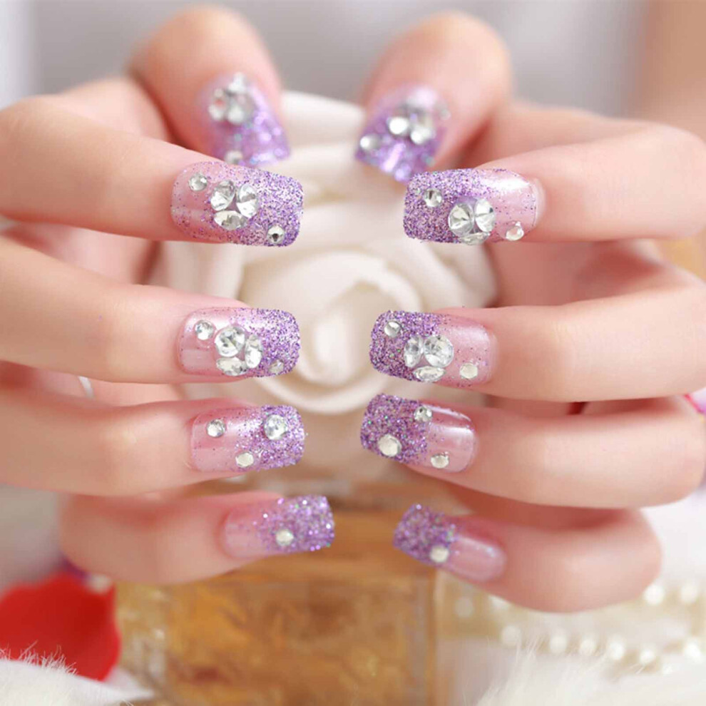 Reach-Tools 24Pcs Purple Bride 3D Rhinestone Fake Nails