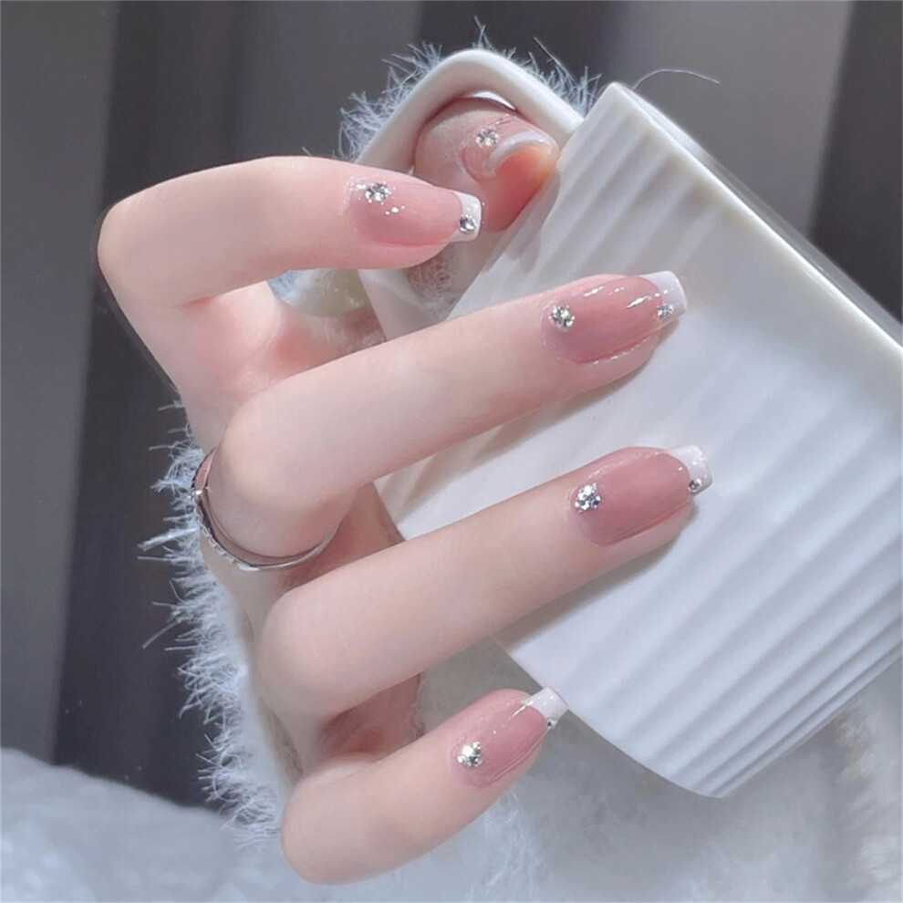 Dachuang Beauty Pink,White Glossy Pink Fake Nails With White Tip, Long Lasting