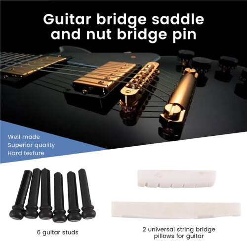 6 String Acoustic Guitar Bone Bridge Saddle and Nut and 6pcs Ebony Guitar Bridge Pins White+Black 2