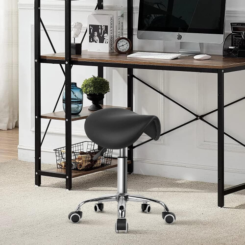 Adjustable PU Leather Rolling Saddle Stool Black 1