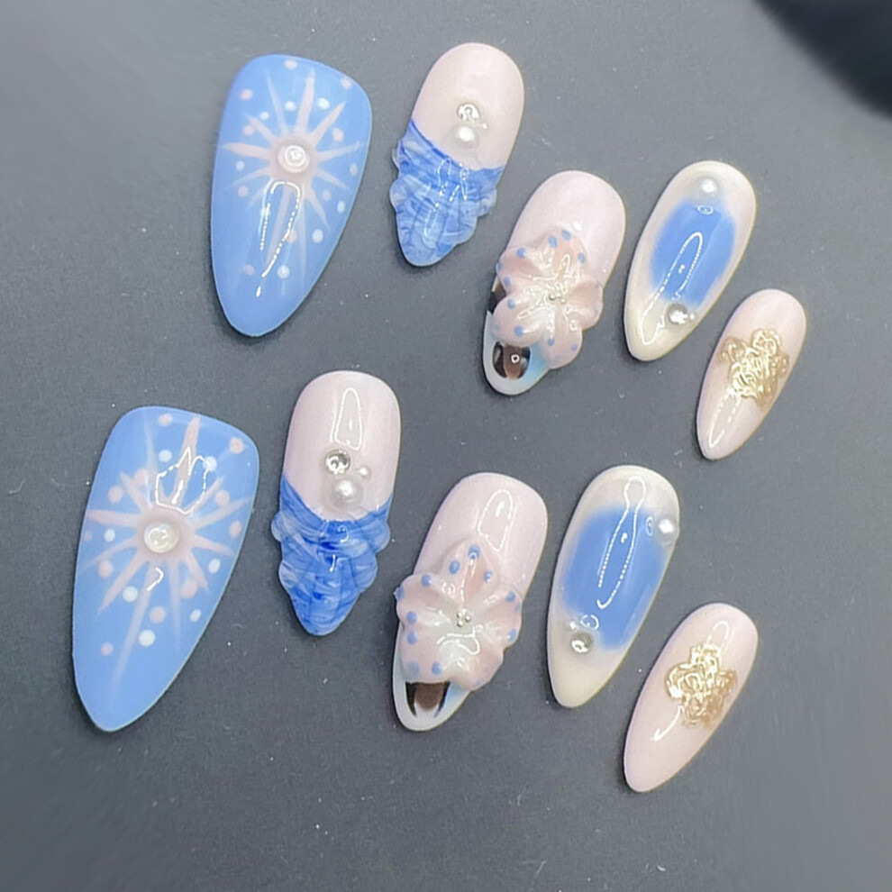 Penghui-Toys (M) 10Pcs Almond Stick On Nails For Women Almond Shaped 3D Floral Press On Nails For Diy At-Home Manicure Kit
