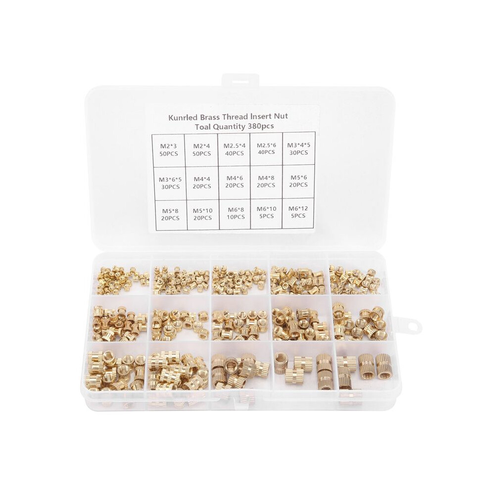 380Pcs Thread Inserts M2 M2.5 M3 M4 M5 M6 Metric Female Thread Brass Knurled Threaded Embedment Nuts Assortment Kit 4714250151851