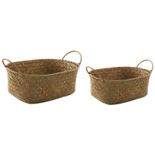 2X Woven Storage Basket Straw Food Container Makeup Organizer Rattan Breadfruit Case Holder(S,24X15X9cm&M,27X17X11cm)