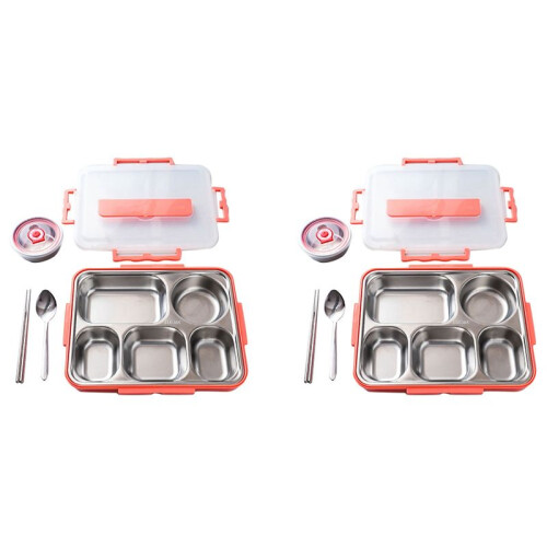 2X 5 Compartments Lunch Box Stainless Steel Leak-Proof Large Bento Boxes Soup Container School Dinnerware()