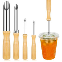 4 Sizes Straw Punch with Wooden Handle, Round Hole Making Tool for Cafe Beverage Lemonade Holder Supplies